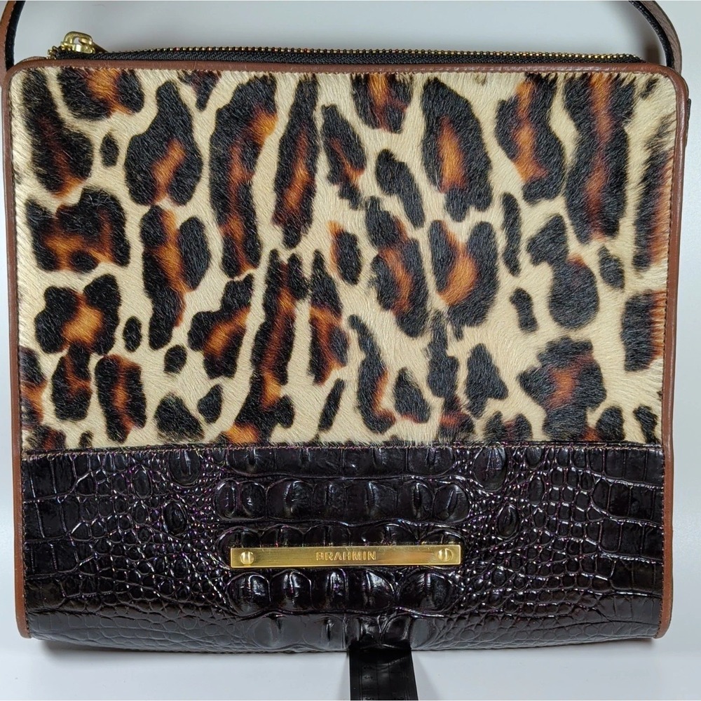 Brahmin Leopard Haircalf Croc Embossed Leather Shoulder Bag Brown Black